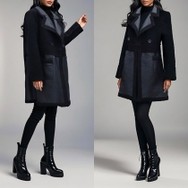 Vintage Contrast Color Notch Lapel Long Sleeve Double-breasted Duffle Jacket