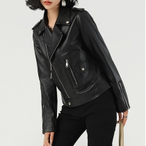Fashion Notch Lapel Long Sleeve Slant Zipper Artificial Leather PU Jacket