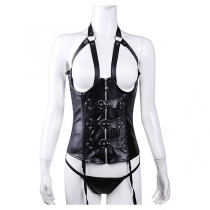 Punk Style Front Cut Out Halter Neck Front Zipper Bucket Artificial Leather PU Shirt for Cosplay