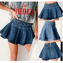 Fashion Mid-rise Rivet Pleated Denim Skirt