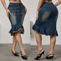 Vintage High-rise Fishtail Frayed Hemline Denim Skirt