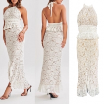 Fashion Lace Two-piece Set Consist of Halterneck Crop Top and Irregular Hemline Maxi Skirt