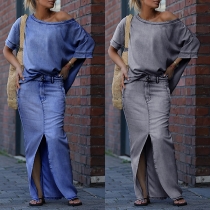 Fashion Two-piece Set Consist of Slant Neckline Shirt and Front Slit Maxi Skirt