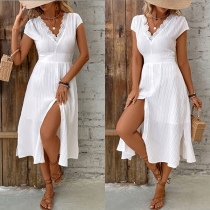 Fashion Lace Spiced V-neck Cap Sleeve High-rise Side Slit White Dress