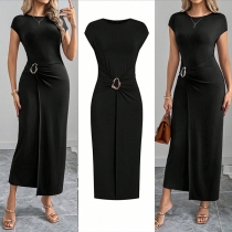 Fashion Solid Color Crew Neck Cap Sleeve Side Buckle Bodycon Dress