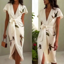Fashion Floral Printed V-neck Cap Sleeve Self-tie Wrap Dress