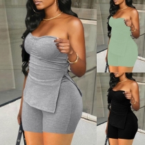 Casual Two-Piece Knitted Set with Striped and Solid Color Design