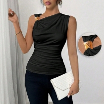 Fashion Bucklet Slant Shoulder Sleeveless Ruched Shirt