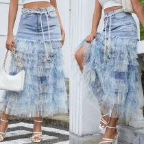 Cake-Style Denim Skirt with Mesh Floral Splicing Detail