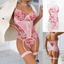 Three-Piece Lingerie Set with Butterfly Embroidered Lace and Cross-Strap Design Elements