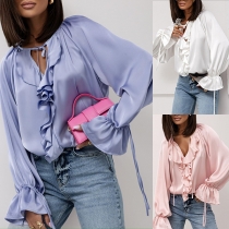 Tie Neck Ruffle Shirt with Loose Bell Sleeves for Ladies