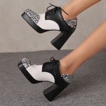 Chunky Heel Sequin Lace-up Shoes with Thick Soles