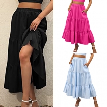 Bohemian Pleated A-Line Maxi Skirt with Flowy Swing Layers and Pockets