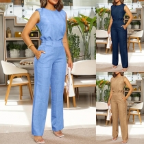 Two-Piece Suit with Sleeveless Vest and Button Pocket Trousers