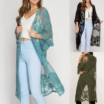 Lace Cover-up with Mesh Embroidery Beach Cardigan for Bikini Wear