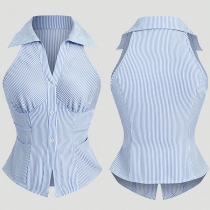 Striped Sleeveless Shirt with Outer Collar Design