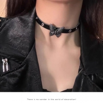 Punk-Style Butterfly Pendant Necklace with Leather Chain