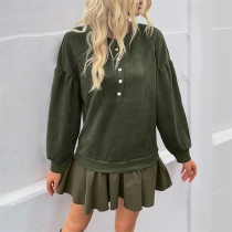 Fashion Front Button Crew Neck Long Sleeve Ruffle Spliced Hemline Dress