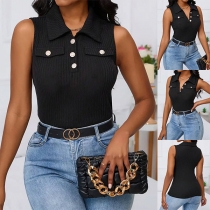 Fashion Stand Collar Sleeveless Button Ribbed Shirt
