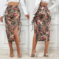 Fashion Floral Printed High-rise Side Drawstring Skirt