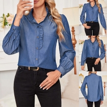 Fashion Ruffle Stand Collar Long Sleeve Front Button Blouse
