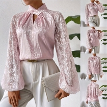 Fashion Jacquard Lace Spliced Long Sleeve Front Cut Out Leopard Printed Shirt