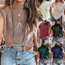 Fashion Solid Color Crew Neck Short Sleeve Patch Pockets Ribbed Shirt