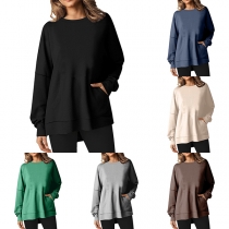 Casual Solid Color Crew Neck Long Sleeve Side Pockets Sweatshirt