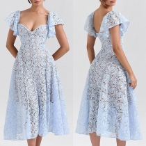 Fashion Sweetheart Neckline Ruffle Short Sleeve Semi-through Lace Dress