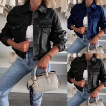 Vintage Stand Collar Long Sleeve Front Button Crop Denim Jacket