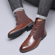 Vintage Suede Spliced Artificial Leather Lace-up Square Heeled Ankle Boots for Men