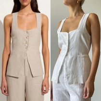 Comfy Two-piece Set Consist of Square Neck Vest and Straight-cut Pants