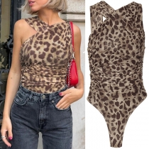 Fashion Leopard Printed Irregular Shoulder Sleeveless Backless Bodysuit