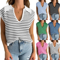 Fashion Stripe Printed Stand Collar V-neck Sleeveless Shirt