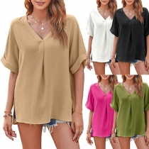 Fashion Solid Color V-neck Short Sleeve Shirt
