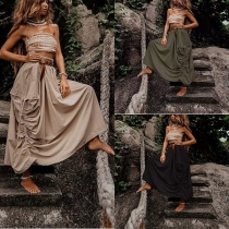 Bohemian Loose Cotton Maxi Dress with Drawstring and Large Pockets