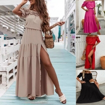 Off-Shoulder Ruffled Dress with Defined Waist and Side Slits