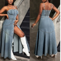 Fashion Square Neck Front Button Slit Maxi Denim Dress