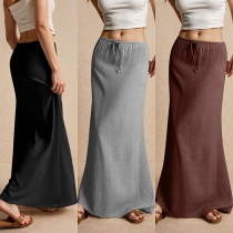 Fashion Solid Color Drawstring Mid-rise Maxi Skirt