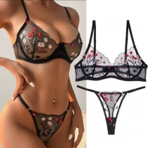 Sexy Floral Embroidery Semi-through Two-piece Lingerie Set