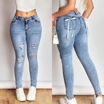 Fashion Back Bowknot Mid-rise Distressed Skinny Jeans