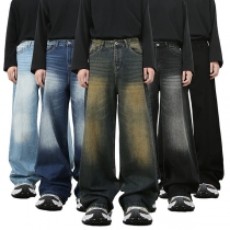 Fashion Mid-rise Wide-leg Old-washed Denim Pants for Men