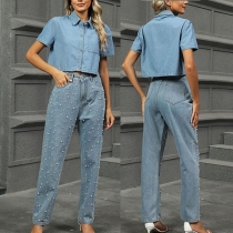 Fashion Denim Two-piece Set Consist of Crop Shirt and Bead Jeans