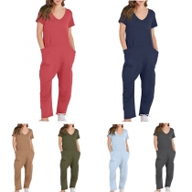 Casual Solid Color V-neck Short Sleeve Side Patch Pockets Jumpsuit