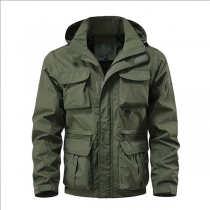 Fashion Stand Collar Long Sleeve Front Zipper Multi-pockets Hooded Jacket for Men