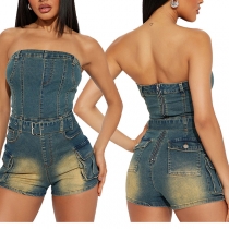 Sexy Strapless Side Patch Pockets Old-washed Denim Romper