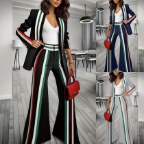 Elegant Vertical Stripe Printed Two-piece Set Consist of Blazer and Wide-leg Pants