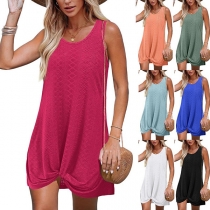 Casual Solid Color Square Neck Sleeveless Knot Mini Dress