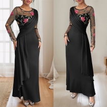 Retro round neck mesh embroidery stitching long sleeve dress
