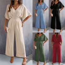Casual Short-Sleeve Wide-Leg Jumpsuit in Solid Colors